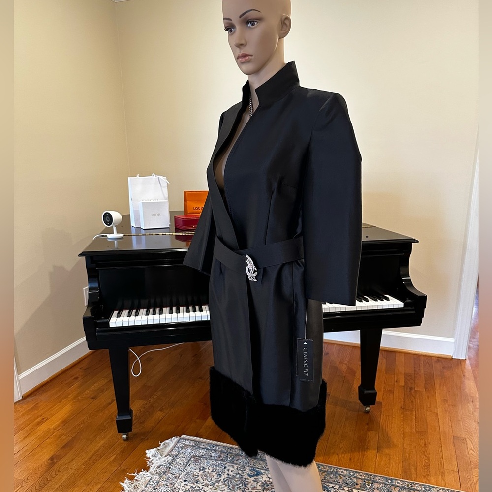NWT Luxury Party Minimalist Vintage Albert Nipon Faux Fur Trim Coat Jeweled Belt - Picture 10 of 13
